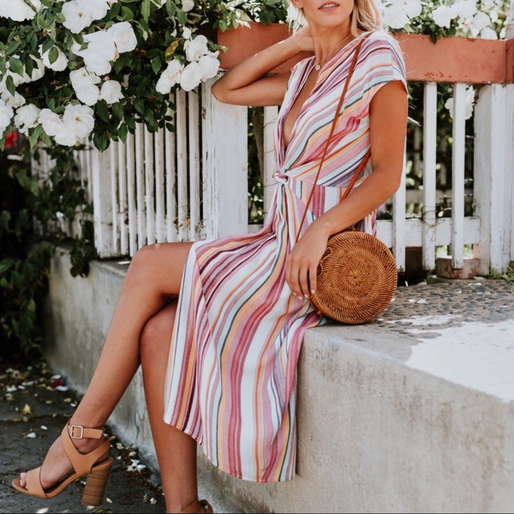 Plunge Twist Front Slit Stripe Midi Dress Pink